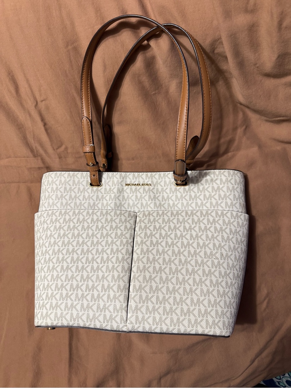 Michael Kors White Signature Logo Tote with Tan Leather Straps